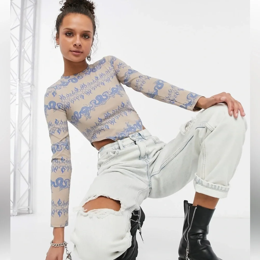 Berksha High Cut Dragon Print Bodysuit in Camel and Light Blue - Size S
